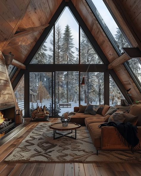 Cabin With Fireplace, A-frame Interior, Large Fireplace, Modern Mountain House, Inviting Living Room, Cabin Living Room, A Frame Cabins, Cabin Aesthetic, A Frame House Plans