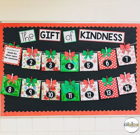 Teach the gift of kindness with your students by doing a special countdown to Christmas with this meaningful kindness bulletin where they… School Counselor Christmas Bulletin Board, Kindness Christmas Bulletin Board, Holiday Boards Bulletin, Christmas Bulletin Board Ideas Middle School, Bulleting Board Christmas Ideas, Christmas Classroom Countdown, Interactive Christmas Bulletin Boards, Christmas Kindness Bulletin Board, Christmas Countdown Bulletin Board