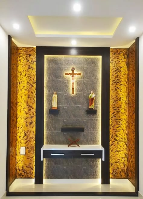 Prayer Unit Design Christian, Modern Altar Design Home Catholic, Christian Prayer Room Design, Catholic Home Altar Ideas Living Rooms, Mausoleum Design, Christian Room Decor, Living Room Designs India, Home Altar Catholic, Church Building Design