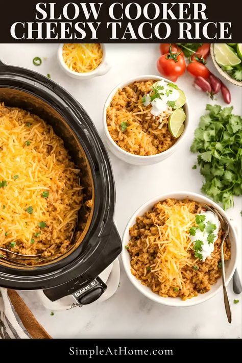 Crock Pot Cheesy Taco Rice — Simple At Home Taco Casserole With Rice, Cheesy Taco Rice, Rice Picture, Crockpot Rice Recipes, Rice In Crockpot, Mexican Rice Casserole, Ground Beef Rice, Taco Rice, Cheesy Rice