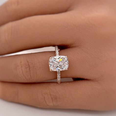 M A T E R I A L S ~ Solid Sterling Silver 925 ~ Rhodium plated to protect from natural silver oxidation ~ Yellow / Rose Gold Vermeil S T O N E S ~ Cruelty Free  ~ Elongated Cushion Simulate Diamond  Moissanite ~ Center Stone : 2.50ct (9mmx7mm) D I M E N S I O N S ~ Band: 1.5mm ~ Setting: 11.5mm Length 5.5mm Height This specific moissanite will not pass a quality diamond tester, for a diamond equivalent moissanite  - testing pass - please see listing below ↓ * Please note that when purchasing the vermeil options, it will eventually fade with wear exposing the solid sterling silver underneath.  We have the 14k Solid Gold options available to purchase, these are heirloom quality, they will never fade or tarnish.  LINK : https://www.etsy.com/listing/1474839763/ R I N G C A R E ~ Simple instruc Square Wedding Band, 2 Carat Engagement Rings Cushion, Rectangle Cushion Engagement Ring, Enlogated Cushion Ring, Wedding Rings Engagement Styles, Elongated Cushion Vs Radiant, Elongated Cushion Engagement Ring Silver, Engagement Rings Elongated Cushion, Elongated Cushion Engagement Ring