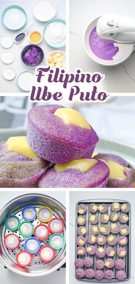 the making of Filipino ube puto with cheese using a steamer Pinoy Food Filipino Dishes Party, Easy Filipino Desserts, Filipino Recipes Authentic, Cultural Desserts, Asian Desert, Ube Dessert Recipe, Asian Baking, Bibingka Recipe, Filipino Dessert Recipes