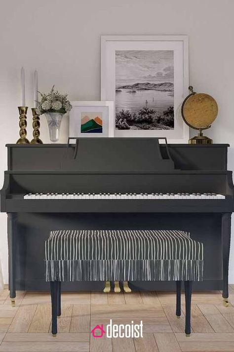 How To Style Your Room With A Piano Pictures Above Piano, Piano In Bedroom Ideas, Piano Bench Ideas, Small Living Room With Piano, Upright Piano Decor, Piano Room Design, Piano Room Decor, Black Piano, Piano Decor