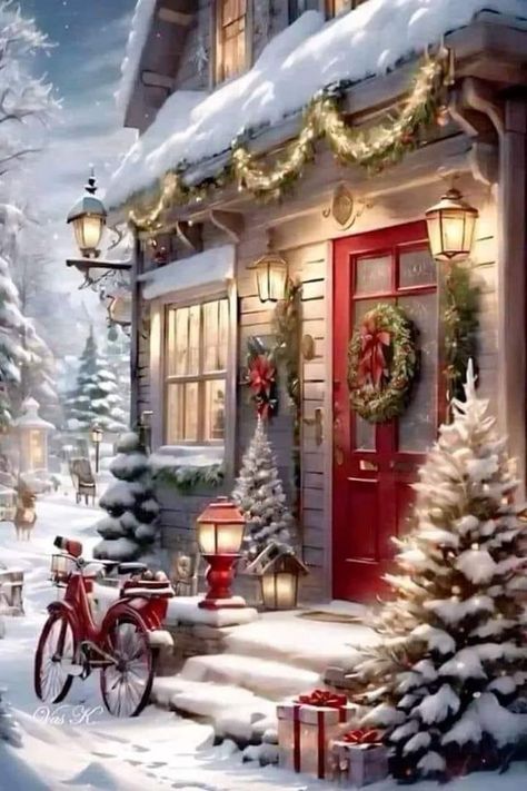 Winter Christmas Scenes, Beautiful Christmas Scenes, Merry Christmas Gif, Christmas Scenery, Christmas Artwork, Vintage Christmas Images, Cosy Christmas, Christmas Memories, Christmas Scenes