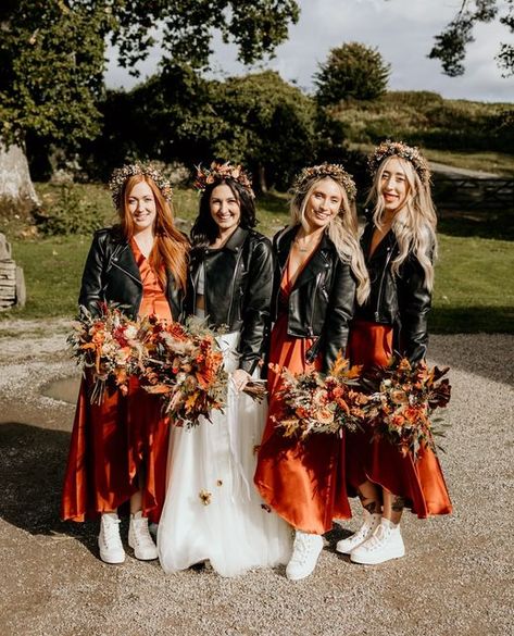 Orange Bridesmaids, Bridesmaid Look, Waterfall Dress, Orange Bridesmaid, Fall Bridesmaids, Orange Bridesmaid Dresses, Fall Bridesmaid Dresses, Wedding Jacket, Dress Leather