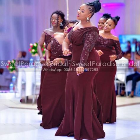 Burgundy Appliques Mermaid Bridesmaid Dresses With One Long Sleeves Spaghetti Off Shoulder Women Maid Of Honor Dress Party Maid Of Honor Dress Different Unique, Bride Of Honor Dresses, Ladies Bridesmaid Dresses, Wedding Dresses Burgundy, Wedding Dresses Maid Of Honor, Long Sleeved Bridesmaid Dress, Wedding Maids Dress Designs, Wedding Made Of Honor Dresses, Maid Of Honor Gown With Sleeves