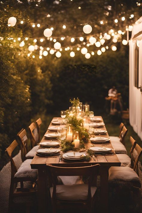 Backyard rehearsal dinner lit with string lights and lanterns, creating a romantic and festive atmosphere. Summer Evening Garden Party, Outdoor Patio Dinner Party, Small Dinner Party Ideas Decor, Backyard String Lights Ideas, Intimate Dinner Party Decor, Casual Rehearsal Dinner Ideas, Romantic Dinner Set Up, Backyard Rehearsal Dinner, Hosting Backyard