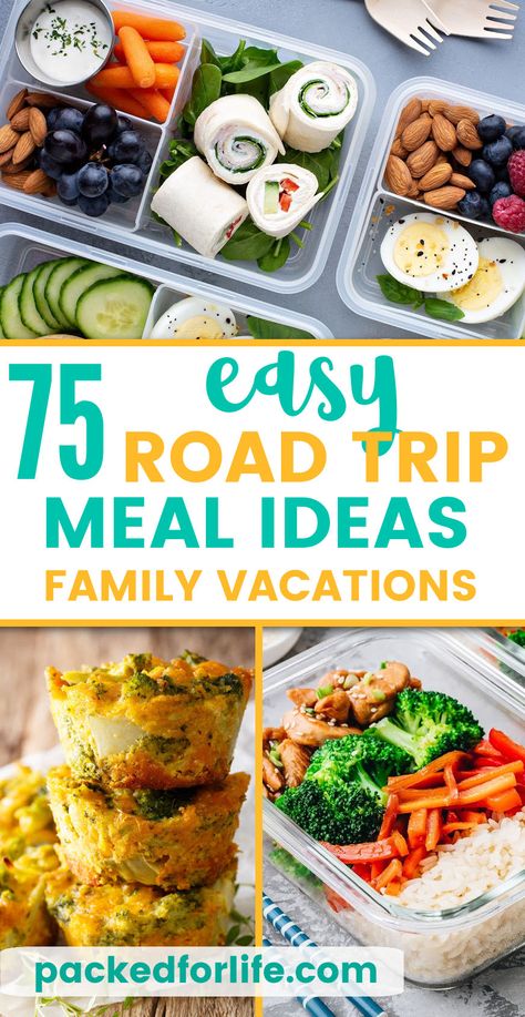 Easy Meals To Eat While Driving, Lunch Ideas For On The Road, Healthy Meals While Traveling, Meals For Car Trips, Packable Meals For Travel, Foods To Pack For Road Trip, Day Trip Lunch Ideas, On The Go Food Road Trips, Trip Meals Ideas