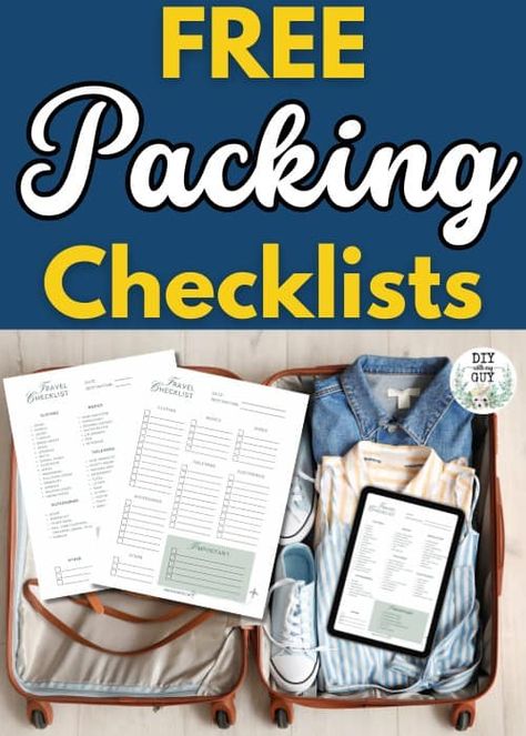 Ultimate Packing List PDF For Travel - Free Printables - DIY With My Guy Travel Packing List For Men, Free Printable Packing List, Packing List For Travel Free Printable, Resort Packing List, Carryon Packing List, Travel Packing List Printable, International Travel Checklist, Packing List Men, Summer Packing Lists