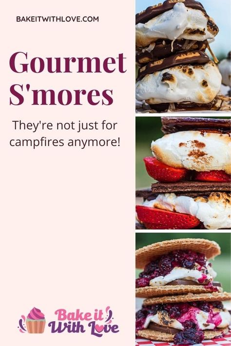 Trio of tasty gourmet s'mores featured in tall vertical images to the right of the text area. Fire Pit Dessert Ideas, Gourmet Smores Ideas, Creative Smores Ideas, Unique Smores Ideas, Fire Pit Desserts, Fancy Smores, Smores Variations, Smores Board, Gourmet Smores