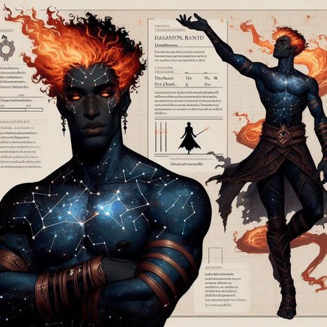 Dnd Star Character, Mutant Oc Art, Elemental Creature Art, Astral Genasi, Air Elemental Male, Lava Character Design, Male Alien Oc, Sun God Character Design, Zodiac Signs As Characters