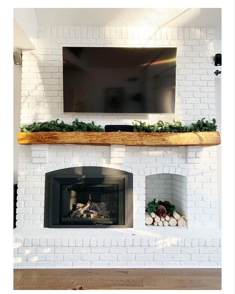 Fireplace Tv Wall Ideas, Fireplace Between Windows, Black Brick Fireplace, Modern Farmhouse Fireplace, Tv Wall Ideas, Vented Gas Fireplace, Sleek Fireplace, White Brick Fireplace, Fireplace Bookshelves