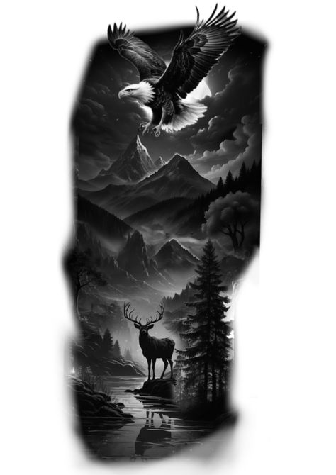 Deer Hunting Tattoos, Buck Tattoo, Eagle Shoulder Tattoo, Forest Forearm Tattoo, Unique Animal Tattoos, Elk Tattoo, Infinity Tattoo With Feather, Deer Tattoo Designs, Wood Tattoo