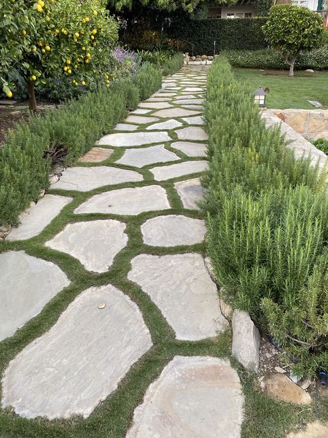 Flagstone Garden Ideas, Pavers Backyard Landscaping Ideas, Stepping Stone Pathway, Flagstone Pathway, Stepping Stone Walkways, Stepping Stone Paths, Yoga Shala, Flagstone Path, Side Walk