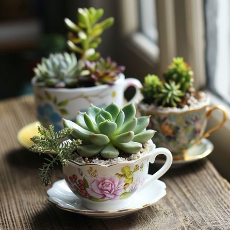 Plant In Teacup, Tea Cup Planters Diy, Teacup Planter Ideas, Tea Cup Projects, Tea Cup Planter, Tea Cup Jewelry, Unique Cake Stands, Tea Cup Decor, Tea Cups Diy