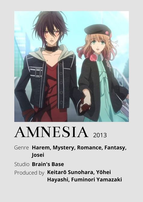 Amnesia Anime Minimalist poster 😊 Information taken from myanimelist.net and wikipedia.org Polaroid Movies, Anime Watchlist, Maid Sama Manga, Anime Minimalist Poster, Amnesia Anime, Reverse Harem, Anime Suggestions, Anime List, Pixel Art Characters