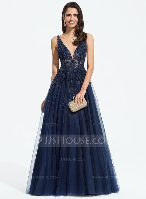 Elegant Blue A-line V-neck Dress, Formal Blue A-line Evening Dress, Blue V-neck Dress With Lace Bodice, Midnight Blue Prom Dresses, Navy A-line Evening Dress, Blue Embellished A-line Evening Dress, Tulle Prom Dresses, Dresses With Beading, Princess Gowns