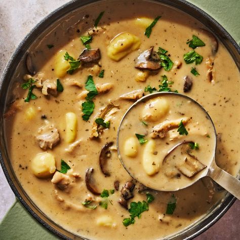 Creamy Chicken Marsala Gnocchi Soup Chicken Marsala Soup, Creamy Chicken Marsala, Gnocchi Recipes Soup, Sweet Potato Tacos, Marsala Chicken Recipes, Gnocchi Soup, Pan Fried Chicken, Dumplings For Soup, How To Cook Mushrooms