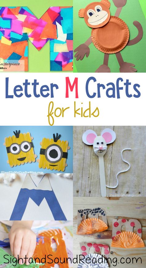 Letter M Crafts https://www.sightandsoundreading.com/letter-m-crafts/?utm_campaign=coschedule&utm_source=pinterest&utm_medium=Mrs.%20Karle%27s%20Sight%20and%20Sound%20Reading%7C%20Literacy%20Lesson%20Plans%20and%20%20educational%20activities&utm_content=Letter%20M%20Crafts Letter M Crafts for preschool or kindergarten - Fun, easy and educational! Students will have fun learning and making these fun crafts! M Ideas Letter, M Week Preschool, M Projects For Preschool, M Letter Activities For Preschool, M Is For Preschool Craft, M Phonics Activities, Letter Mm Crafts For Preschool, Letter M Lesson Plans Preschool, M Letter Crafts For Preschool