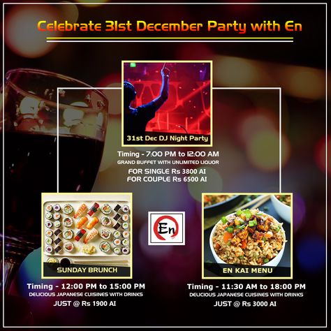 Enjoy your 31st #DecemberParty at En Restaurant. En offering a Grand #Buffet along with Unlimited #Liquor on the #NewYear's #DJ Night Party and also offer Delicious Lunch with Drinks #SundayBrunch & #EnKai Menu. So, what are you waiting for? It's time to bid good bye to Dec-17 in style.#Newyearparty #Newyeareve #Newyear2018 #happynewyear Dj Night, Delicious Lunch, New Year 2018, Good Bye, Yummy Lunches, Party Celebration, Night Party, Sunday Brunch, Am Pm