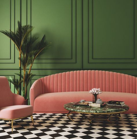 Mauve Living Room, Maximalist Living Room, 60s Interior, Green House Design, Pink Couch, Green Apartment, Pink Furniture, Retro Bedrooms, Living Room Orange