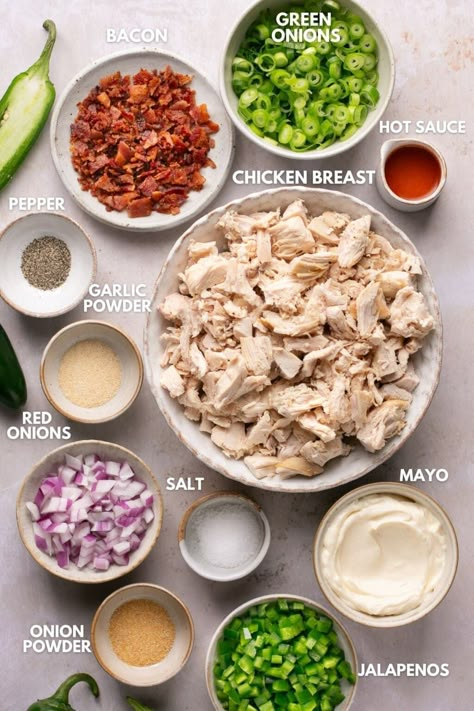 This Jalapeno Popper Chicken Salad recipe is easy to make and loaded with homemade chopped chicken, mayo, bacon, onions, and jalapenos. Serve this salad over lettuce or on top of cucumbers. Only 2 NET carbs per serving! Whole30, Keto, GF, DF and Paleo. Jalapeno Chicken Salad Recipe, Jalapeno Popper Chicken Salad, Chicken Mayo, Chicken Salad Sandwich Recipe, Chicken Poppers, Keto Chicken Salad, Popper Chicken, Chicken Salad Recipe Easy, Jalapeno Popper Chicken