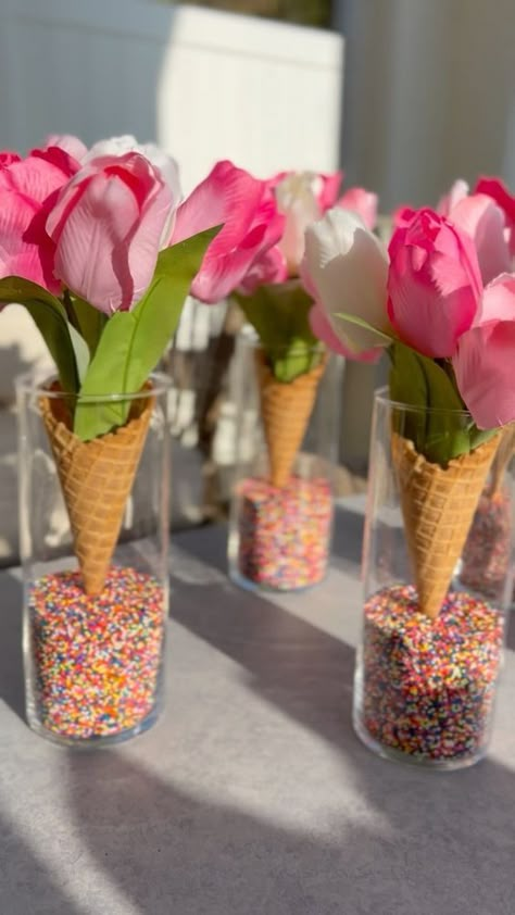 Candyland Birthday Centerpieces, Ice Cream Party Decorations Centerpieces, Candy Theme Centerpieces Diy, Scooped Up Bridal Shower Centerpieces, Ice Cream Birthday Party Centerpieces, Two Sweet Table Centerpieces, Ice Cream Party Centerpiece Ideas, Bridal Shower Ideas Ice Cream, She’s Been Scooped Up Bridal Shower Centerpieces