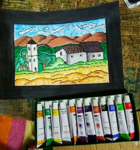 Landscape painting with Camlin water colour tubes. Tube Painting, Paint Tube, Painting Colour, Paint Tubes, Poster Colour, Girly Art, Water Colour, Landscape Painting, Landscape Paintings