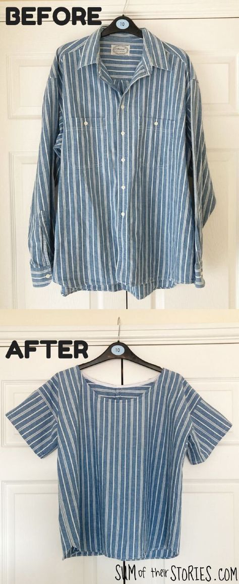 How to sew a simple top from a men's button down shirt Easy To Make Tops For Women, Diy Men Shirt To Womens, Make A Pattern From Clothes, Upcycling Mens Shirts For Women, Button Down Shirt Sewing Pattern, Upcycled Mens Shirts For Women, Sew Simple Top, Upcycled Button Down Shirt, Upcycle Button Down Shirt