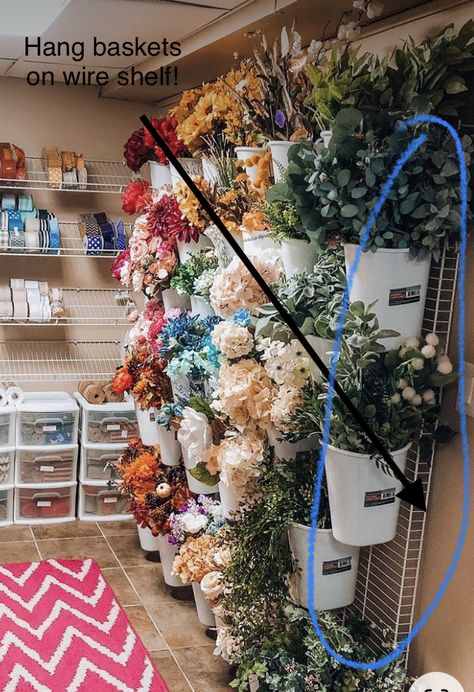 Faux Flower Wall Storage, Storing Silk Flowers In Craft Room, Dried Flower Storage Ideas, Craft Room Floral Storage, How To Store Flowers In Craft Room, Flower Shop Organization Ideas, Diy Flower Display, Faux Floral Storage Ideas, Floral Craft Room Organization