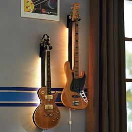 Wall Lights, LED Wall Lights & Fun Lighting | PBteen Guitar Hanging Ideas, Bedroom Sconces, Guitar Mount, Fun Lighting, Room Improvement, Guitar Storage, Music Bedroom, Guitar Wall Hanger, Guitar Display