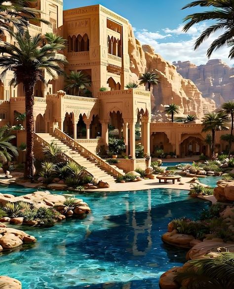 Desert Pool, Front Courtyard, The Oasis, Desert Oasis, Fantasy House, Fantasy City, Fantasy Setting, Fantasy Places, Fantasy Map