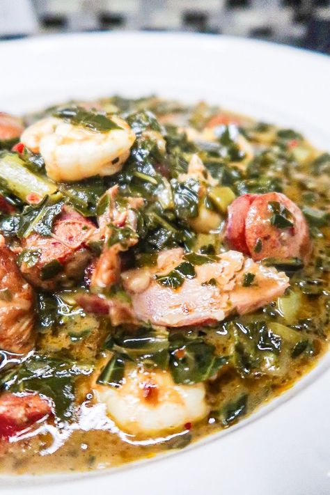 Gumbo Recipe For Canning, Gumbo Greens With Cabbage, Gumbo Yaya Recipe, Gumbo Greens Recipe With Shrimp, Gumbo Greens Recipe, Collard Green Gumbo, Crockpot Gumbo Recipe, Greens Gumbo, Gumbo Greens