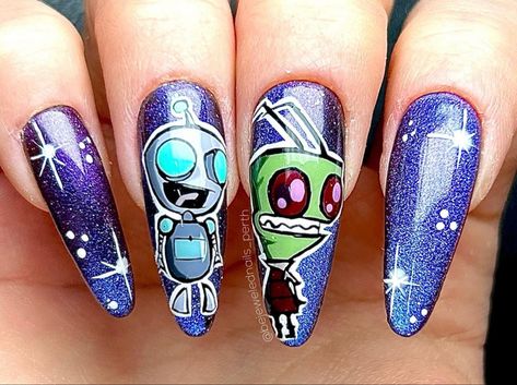 Hand painted invader zim nails in a sticker style look! Invader Zim Nail Art, Invader Zim Nails, Pleasing Nails, Hand Painted Nail Art, Super Cute Nails, Goth Nails, Cute Nail Ideas, Painted Nail Art, Unique Acrylic Nails