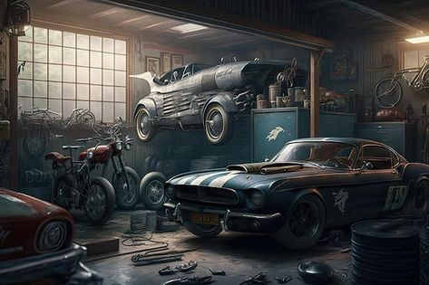 Car In Garage, Vintage Car Garage, Car Mechanics Garage, Classic Ford Mustang, Old Workshop, Retro Garage, Door Room, Car Workshop, Old Garage