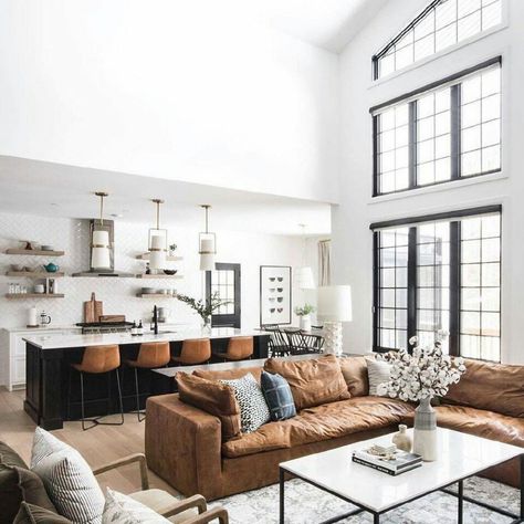 Leather Couch Living Room Transitional, Living Room Tan And Black, Modern Farmhouse Living Room Leather Sofa, Beige And Cognac Living Room, Cognac And White Living Room, Brown Leather Couch Basement, Modern Farmhouse Brown Leather Couch, Apartment Leather Couch Decor, Brown Leather Farmhouse Living Room