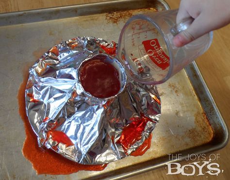 Baking Soda Volcano Science Projects, 2nd Grade Volcano Project, Classroom Volcano Experiment, Baking Soda Volcano For Kids, Volcano Recipe, Baking Soda Volcano, Homemade Volcano, Volcano For Kids, Making A Volcano