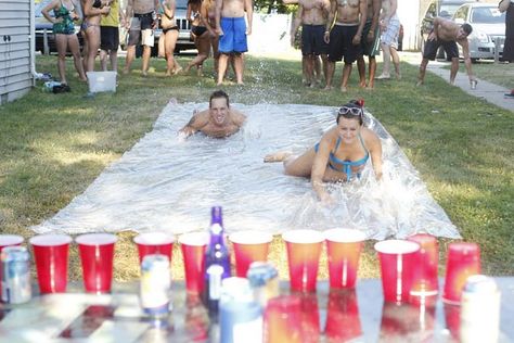 Backyard Slip And Slide Party, Wedding Party Olympics, Slip N Slide Drinking Game, Slip And Slide Flip Cup, Slip And Slide Drinking Game, Water Slide Games For Adults, Adult Summer Party Games Outside, 4th Of July Beer Olympics, Water Party Ideas For Adults