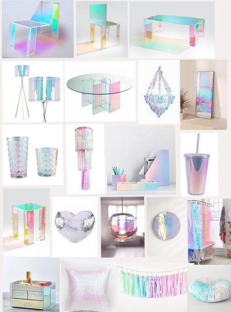 Irridescent Furniture, Iridescent Office Decor, Holographic Room Decor, Iridescent Room Decor, Iridescent Office, Irredescent Aesthetic, Millenial Grey, Plexi Glass Ideas, Holographic Room