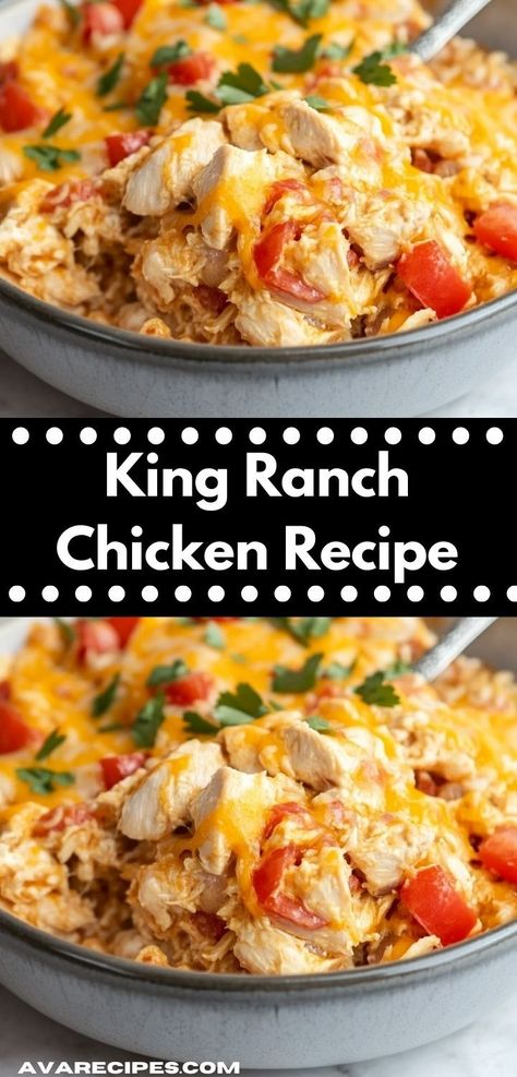 Need a delicious dinner solution? This King Ranch Chicken Recipe is an easy one-pot wonder that features bold Tex-Mex flavors. Perfect for any occasion, it’s a surefire hit with kids and adults alike! Best King Ranch Chicken Casserole, Chicken Tortillas, Ranch Chicken Recipe, King Ranch Chicken Casserole, King Ranch Chicken, Yummy Casserole Recipes, Ranch Chicken Recipes, Ranch Chicken Casserole, Ranch Recipe