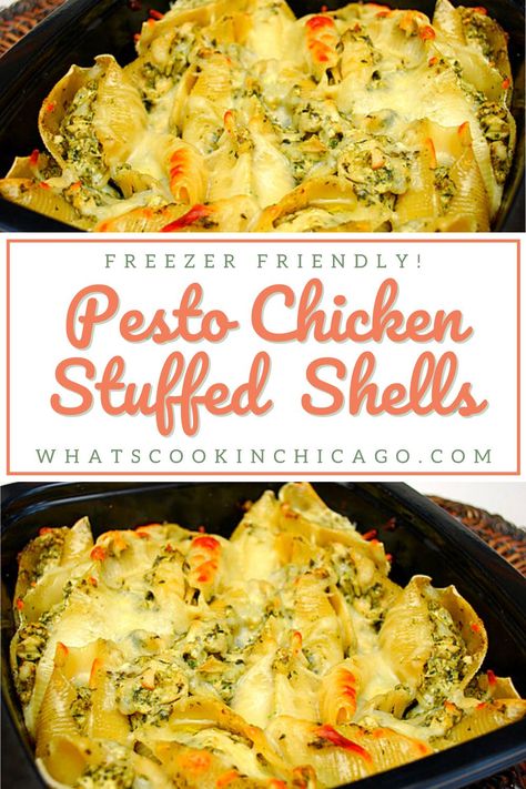 This recipe is a result of using up leftover ingredients I had from other dishes I prepared for the freezer. I figured chicken, pesto and cheese would work with pasta fairly well and so I hoped for the best. We enjoyed these Pesto Chicken Stuffed Shells from the freezer and even my husband was impressed how these came out! I guess I'll have to make this again soon and/or experiment some more... #pesto #pestochicken #freezerfriendlyrecipe #pestochickenrecipe Pesto Lasagna, Chicken Stuffed Shells, Stuffed Shells Ricotta, Jumbo Pasta Shells, Shells Recipe, Leftover Chicken Recipes, Chicken Pesto, Chicken Stuffed, Creamy Pesto