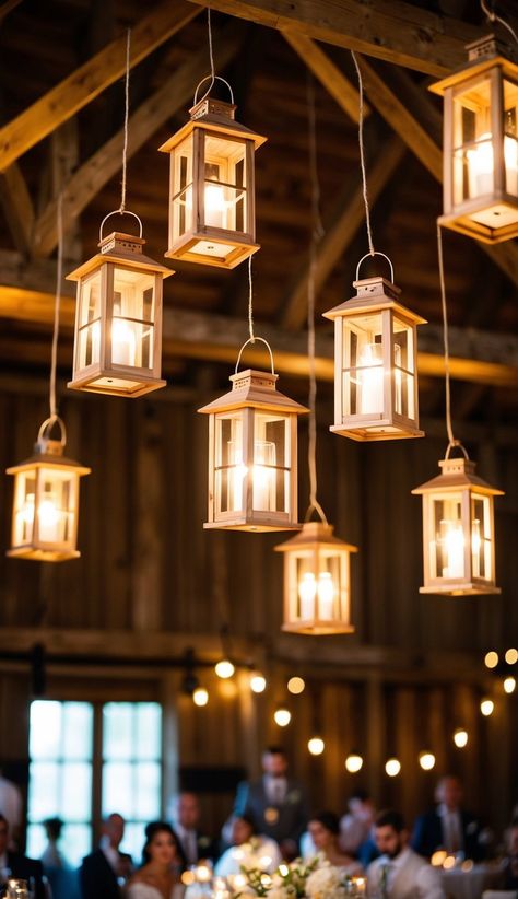 I love how rustic wooden lanterns can add charm to a barn wedding. These simple yet elegant decorations cast a warm glow that creates a cozy atmosphere. Wedding String Lights Indoor, Simple Barn Wedding Decorations, Backyard Barn Wedding, Wedding Lanterns Aisle, Lanterns At Wedding, Wedding Lantern Decor, Simple Barn Wedding, Lantern Wedding Decor, Barn Style Wedding