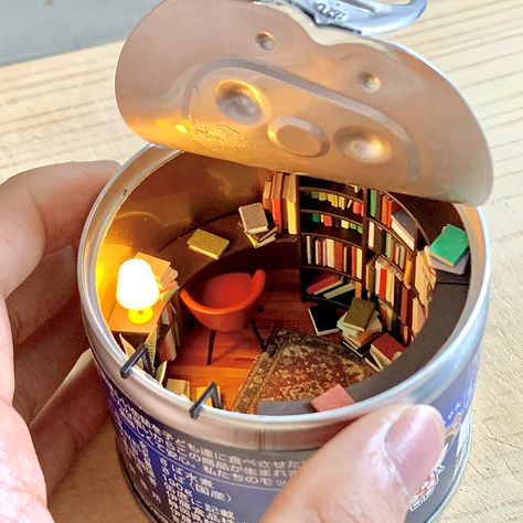 step inside the delightful and tiny 'book CAN' by mozu studios Miniature Projects, Mini Craft, Miniature Rooms, Tiny World, Things To Do At A Sleepover, Miniature Houses, Miniature Crafts, Mini Things, Diy Creative Crafts