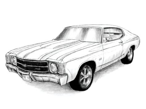 Chevelle Tattoo Ideas, Old Car Drawing, Old Chevy Trucks Drawing, Chevelle Drawing, Muscle Car Drawing, 1969 Camaro Drawing, Lowrider Drawings, Car Drawing Pencil, Chevelle Car