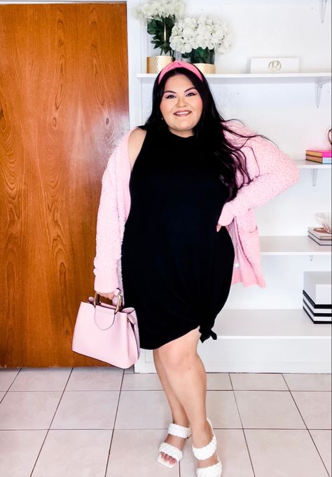 Easy Valentine’s Day outfit Pink Dress With Cardigan Outfit, Pink Black White Outfit, Black Dress With Pink Cardigan, Black And Pink Outfit Plus Size, Pink Cardigan And Skirt Outfit, Black Mini Dress And Cardigan Outfit, Black Dress Pink Cardigan, Pink Cardigan Outfit, Black Plus Size Sweater Dress