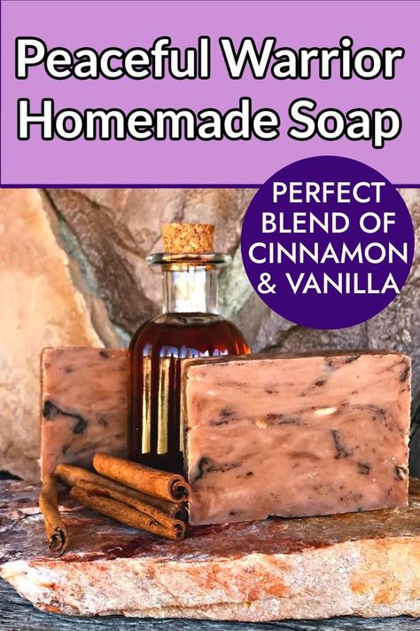 Did you know at one point I owned my own soap shop? One of my customer favorites was The Peaceful Warrior. I had to close down my shop, so here I am sharing my recipe with you! It has an intoxicating blend of cinnamon and vanilla and is the perfect gift for birthdays or Mother's Day. #homemadegifts #homemadesoap #soaprecipes #hotprocesssoap #naturalsoaps Cinnamon Soap Recipe, Cinnamon Soap, Natural Soaps Recipes, Vanilla Soap, Vanilla Spice, Handmade Soap Recipes, Handmade Natural Soaps, Clay Soap, Vanilla Essential Oil