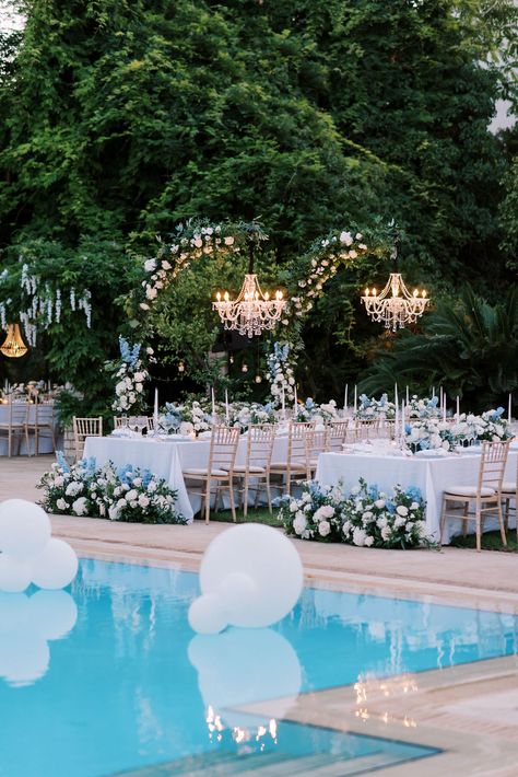 Corfu Wedding Poolside Wedding Reception Poolside, Pool Side Engagement Decor, Pool Decoration For Wedding, Pool Backyard Wedding, Pool Reception Wedding, Poolside Wedding Decor, Pool Decor Wedding, Wedding By Pool, Backyard Wedding With Pool