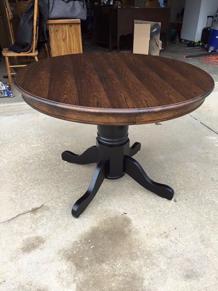 Wood Table Black Base, Stained Table With Black Chairs, Table With Stained Top And Painted Base, Circle Kitchen Table Black, Diy Black Table Makeover, Dark Stained Dining Table, Black And Cherry Dining Table, Black And Stained Table, Dark Stain Dining Table