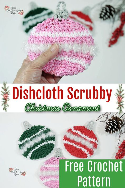 My hand is holding a cute pink Christmas Ornament dishcloth, that is two sided, and it has little bobbles using Red Heart Scrubby Sparkle Yarn in the center, for that extra scrubbing power. This is a free crochet pattern, and the bottom photo is displaying 3 Christmas Dishcloth Scubby ornaments in red, green and pink. Pin is for the warriors fighting Breast Cancer. Christmas Cotton Crochet Patterns, Crochet Dish Scrubbies Christmas, Crochet Christmas Scrubbies, Christmas Scrubbies, Christmas Dishcloth, Scrubby Yarn Patterns, Crochet Dish Scrubbies, Scrubby Pattern, Mountain Crochet