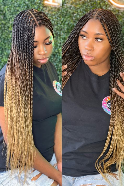 Highlight Box Braids Black Women, Knotless Braids Ombre Brown, Brown And Blonde Ombre Knotless Braids, Summer Braid Colors For Black Women, 1b/613 Knotless Braids, Ombre Knotless Box Braids Medium, Box Braids With Blonde Ends, Blonde Ombré Knotless Braids, Two Toned Braids Black Women